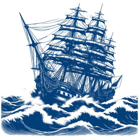 Ilustración de Un velero con velas bajadas navega en grandes olas en un dibujo de plantilla de vector de tormenta - Imagen libre de derechos