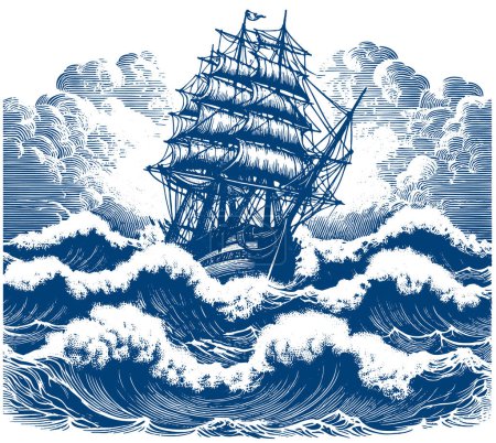 Foto de Vintage gran velero navegando en grandes olas en un vector de mar tormentoso plantilla dibujo grabado - Imagen libre de derechos