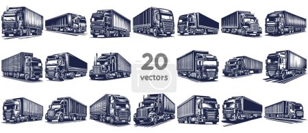 Illustration for Vector stencil drawings of a truck with a large trailer simple illustration of a truck monochrome on a white background collection - Royalty Free Image