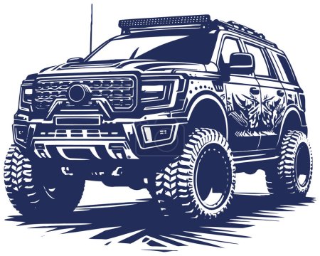 Ilustración de Camión todoterreno grande presentado como una imagen vectorial monocromática sobre un fondo blanco - Imagen libre de derechos