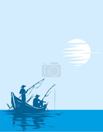 Illustration for Vector background with stencil pattern fishermen in a boat catching fish on fishing rods - Royalty Free Image