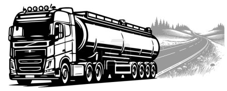 Simple and clean monochrome illustration of a liquid transport tanker truck in vector stencil format on a white backdrop