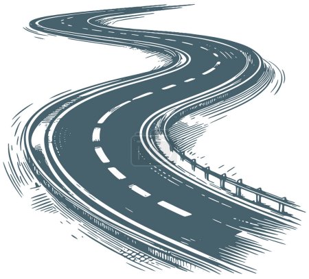 Illustration vectorielle de style pochoir d'une route asphaltée sinueuse s'étendant au loin sur un fond blanc