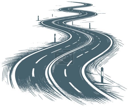 Illustration for Vector graphic depicting a winding paved road disappearing into the distance in a simple stencil illustration - Royalty Free Image
