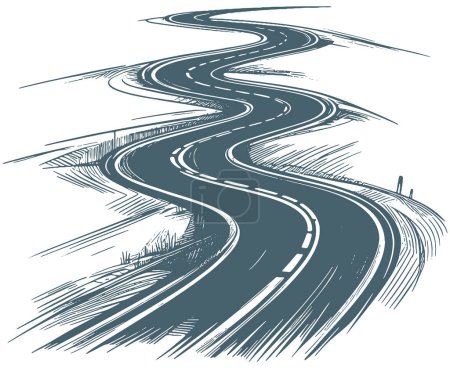 Dibujo vectorial mostrando una carretera pavimentada con curvas en un estilo de plantilla simple y limpio que se desvanece en la distancia