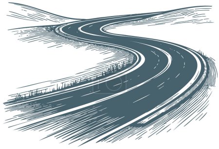 Vektorgrafik mit einer mäandrierenden gepflasterten Straße, die sich in die Ferne erstreckt, dargestellt als einfache Schablonenillustration