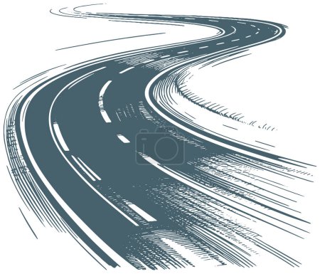ilustración vectorial de un camino de asfalto sinuoso en un estilo de plantilla monocromo que se desvanece en la distancia