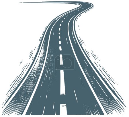 Ilustración de Sinuoso camino de asfalto automóvil que va en la distancia simple vector plantilla dibujo monocromo - Imagen libre de derechos
