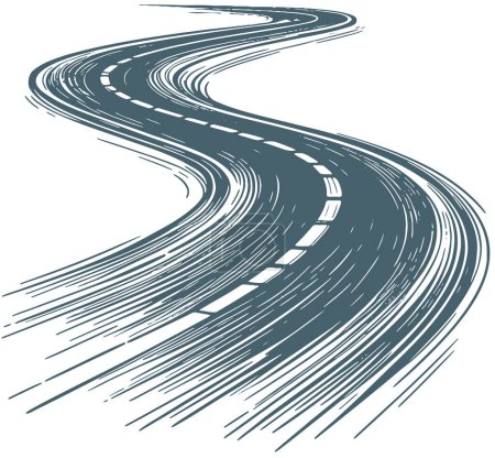 ilustración de una carretera de asfalto serpentina desapareciendo en la distancia en formato de plantilla vectorial