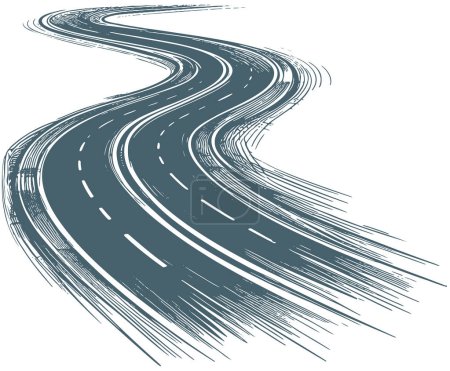 monochromatic illustration depicting a curved asphalt road vanishing into the distance in vector stencil format