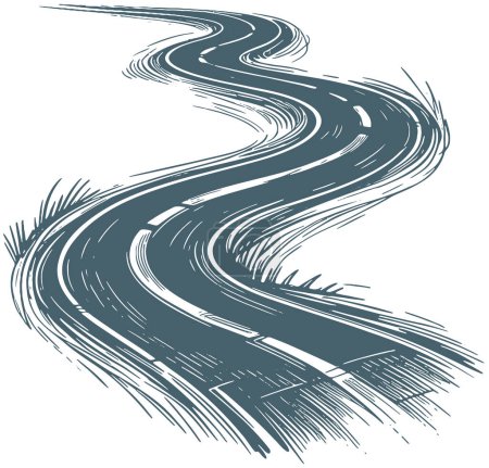 Dibujo vectorial monocromático con un camino de asfalto sinuoso en un estilo de plantilla simple que se desvanece en la distancia