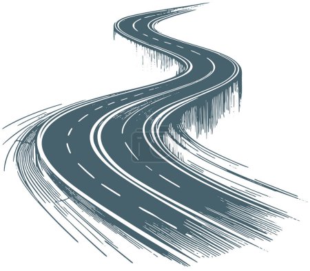 Simple and clean monochrome illustration of a winding asphalt road disappearing into the distance in vector stencil format