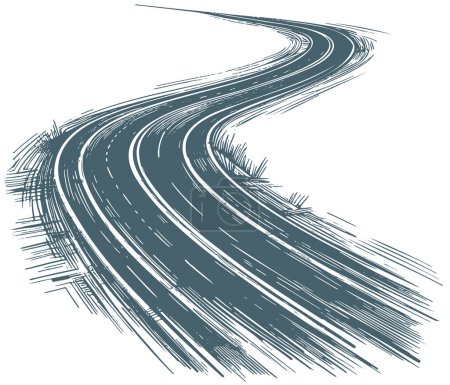 Illustration au pochoir vectoriel simple d'une route asphaltée sinueuse s'étirant au loin