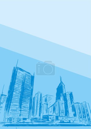 Illustration for Monochrome sketch drawing of city buildings and streets in a vector format illustrated with hatching, on an A4 blank background - Royalty Free Image