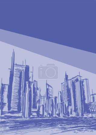 Illustration for Monochromatic vector sketch of city buildings and streets, illustrated with hatching on an A4 blank background for illustration - Royalty Free Image