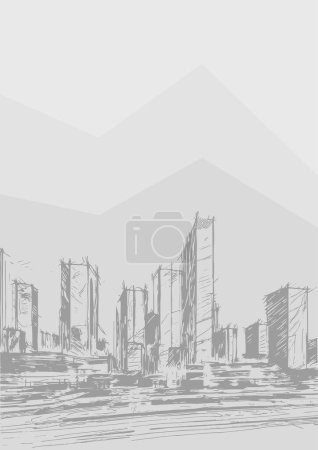 Illustration for Vector sketch drawing of city houses and streets illustrated with hatching monochromatic background for A4 sheet - Royalty Free Image