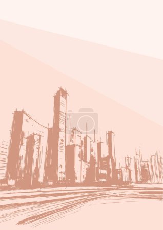 Illustration for Monochromatic vector sketch of city buildings and streets illustrated with hatching on an A4 blank background for illustration - Royalty Free Image