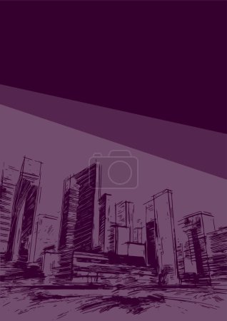 Illustration for A4 blank background with a vector sketch illustration of urban houses and streets created with hatching in monochrome style - Royalty Free Image