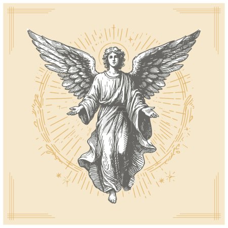 Téléchargez les illustrations : Ange divin céleste croquis vectoriel dessin au pochoir sur fond beige - en licence libre de droit