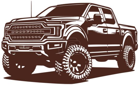 Illustration for Stylized vector drawing of a modern pickup truck in monochrome stencil style, presented in a half-turn on a white background - Royalty Free Image