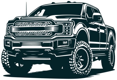 Illustration for Contemporary pickup truck depicted in a half-turn stencil vector monochrome isolated on white - Royalty Free Image