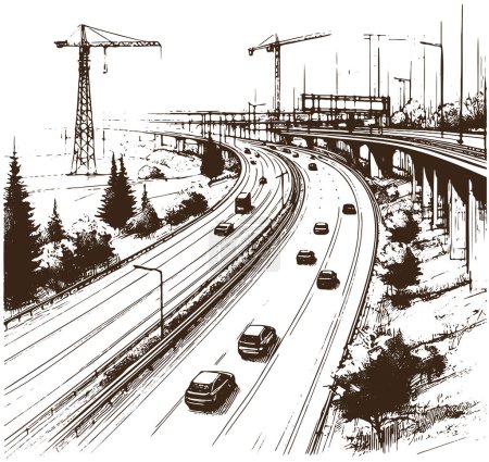 Foto de Carretera que corre cerca de un sitio de construcción con grúas torre vector grabado monocromo - Imagen libre de derechos