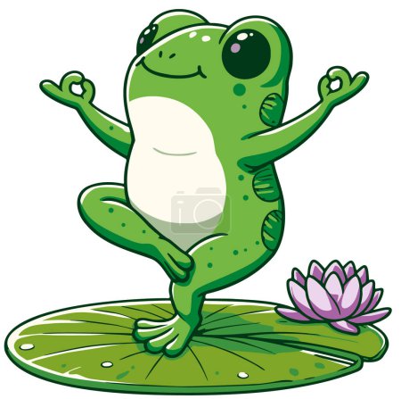 Illustration for Frog standing on one leg doing yoga on a water lily leaf with lily vector drawing - Royalty Free Image