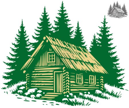 Illustration for Wooden house in a coniferous forest vector stencil art drawing on a white background - Royalty Free Image