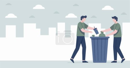 two men throwing garbage into a dumpster in the city vector background banner