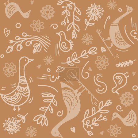 Illustration for Vector seamless abstract hand-drawn geese background in beige tones - Royalty Free Image
