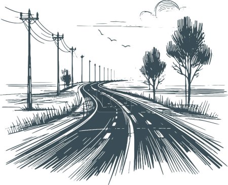 postes telegráficos de pie a lo largo de la carretera que se extiende hasta el horizonte simple dibujo vectorial monocromo