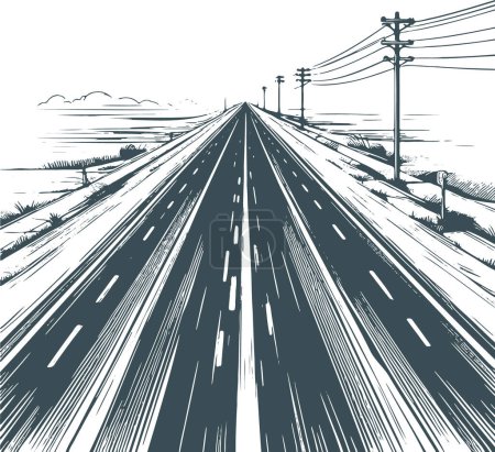 Téléchargez les illustrations : Piliers debout le long d'une route droite s'étendant à l'horizon vecteur dessin monochrome - en licence libre de droit