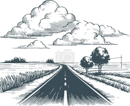 Téléchargez les illustrations : Route allant au-delà de l'horizon passant par les champs dessin vectoriel pochoir - en licence libre de droit