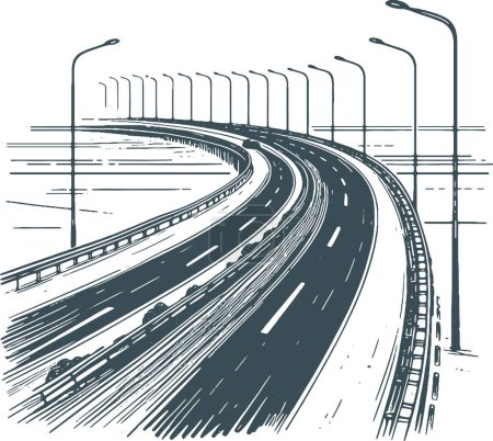 pillars standing along a curved road stretching beyond the horizon vector monochrome drawing