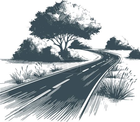 Illustration for Tree near an asphalt road going into the distance vector simple stencil drawing - Royalty Free Image