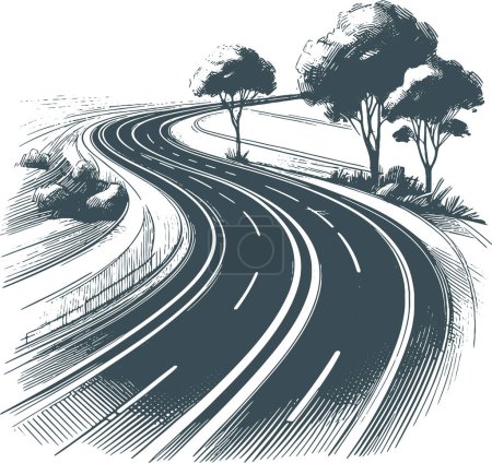 trees standing along a winding road vector stencil drawing