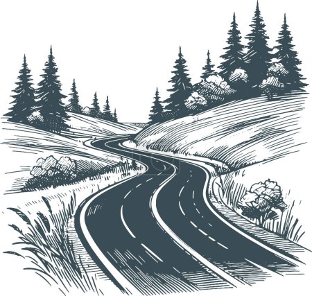 winding road going between the hills with fir trees vector drawing stencil