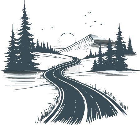 winding road leading to the mountains on the horizon vector drawing