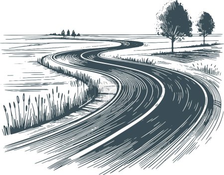 winding road to the horizon going through a meadow with sparse trees vector drawing engraving