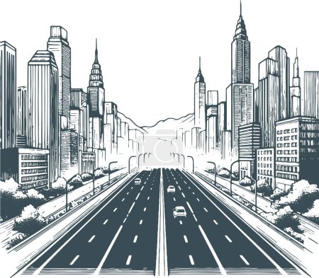 city road highway between high-rise buildings of the city vector monochrome drawing