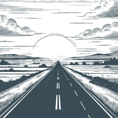 Illustration for Country road stretching to the horizon at sunset vector drawing - Royalty Free Image