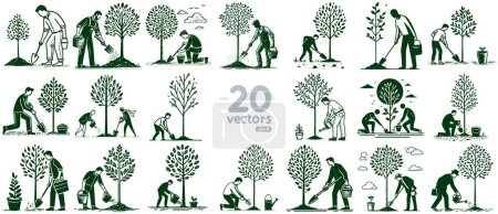 Téléchargez les illustrations : Homme plante un arbre vecteur dessin au pochoir collection de différentes options - en licence libre de droit