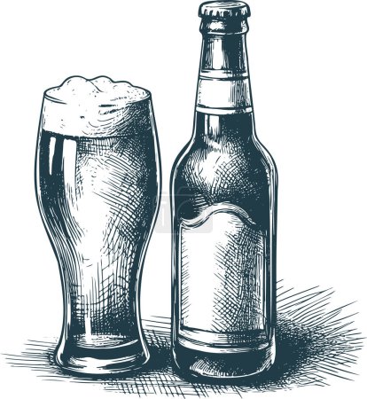 Téléchargez les illustrations : Un verre plein se tient à côté d'une bouteille de bière en gravure vectorielle monochrome art - en licence libre de droit