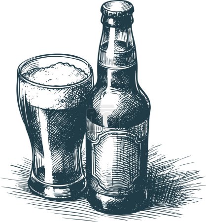 Téléchargez les illustrations : Un verre plein à côté d'une gravure vectorielle bouteille de bière en monochrome - en licence libre de droit