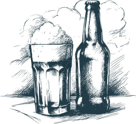 Téléchargez les illustrations : Bouteille de bière et illustration vectorielle monochrome en verre complet en technique de gravure - en licence libre de droit