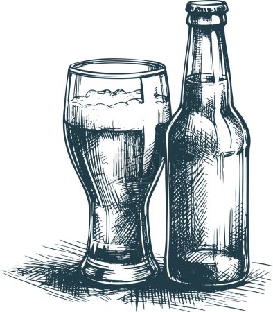 Téléchargez les illustrations : Une bouteille pleine de verre et de bière représentée dans un style de gravure vectorielle monochrome - en licence libre de droit