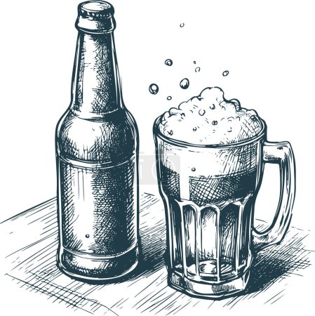 Foto de Un vaso lleno está cerca de una botella de cerveza vector dibujo grabado monocromo - Imagen libre de derechos