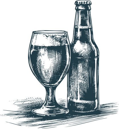Téléchargez les illustrations : Verre à bière plein à côté de la bouteille rendue en gravure vectorielle monochrome - en licence libre de droit