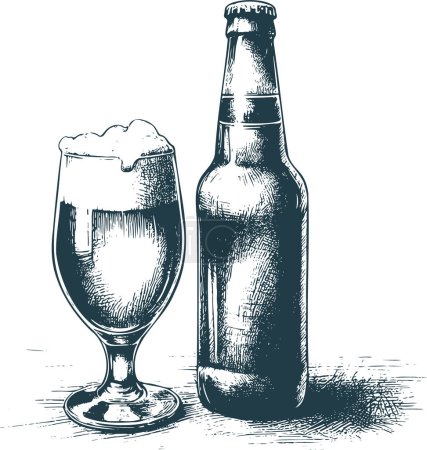 Téléchargez les illustrations : Représentation vectorielle monochrome d'une bouteille de bière et d'un verre plein en style gravure - en licence libre de droit