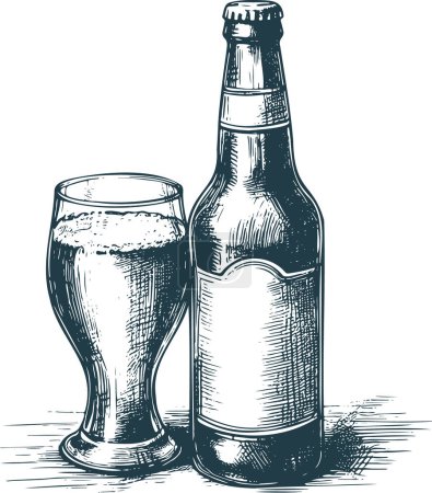 Téléchargez les illustrations : Image vectorielle gravée d'une bouteille de bière à côté d'un verre plein en monochrome - en licence libre de droit